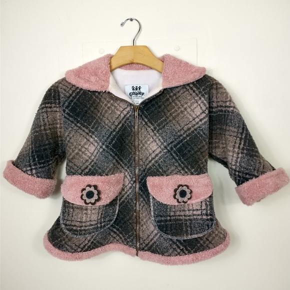 Vintage Corky Company Fleece Jacket Hat 3T Pink Plaid Floral Coat Pckt USA 1990s - Picture 2 of 14